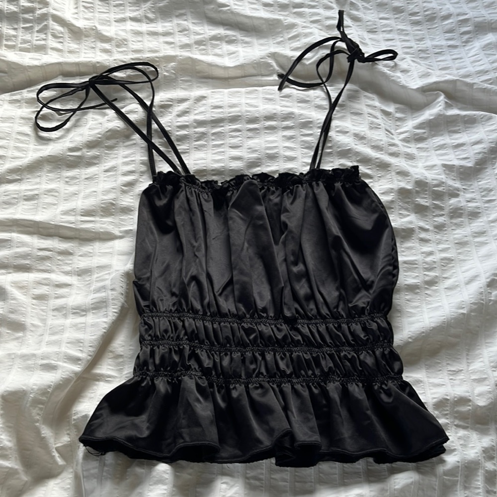 ZARA Black Satin Ruched Tank